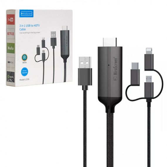 کابل MHL تایپ سی/لایتنینگ/میکرو (Type-C/Lightning/Micro To HDMI) میرا اسکرین (MiraScreen) طول 2 متر مدل LD36