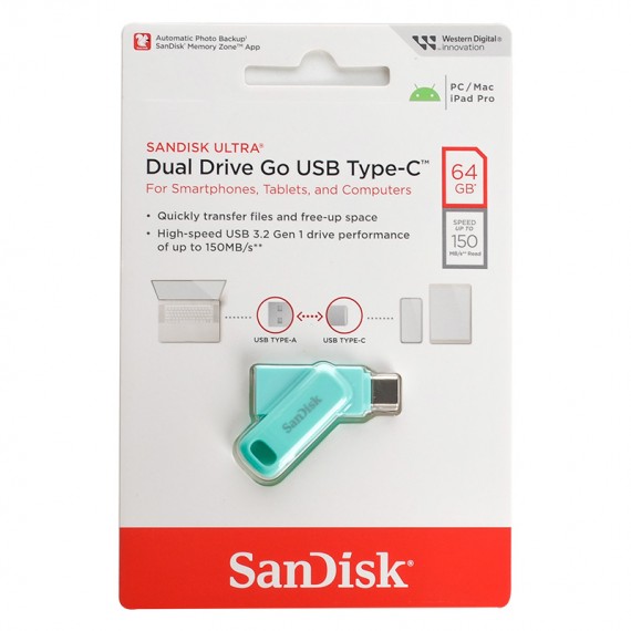 فلش سن دیسک (SanDisk) مدل 64GB Dual Drive Go USB3.2 Type-C گارانتی سورین سرعت 150MB/S