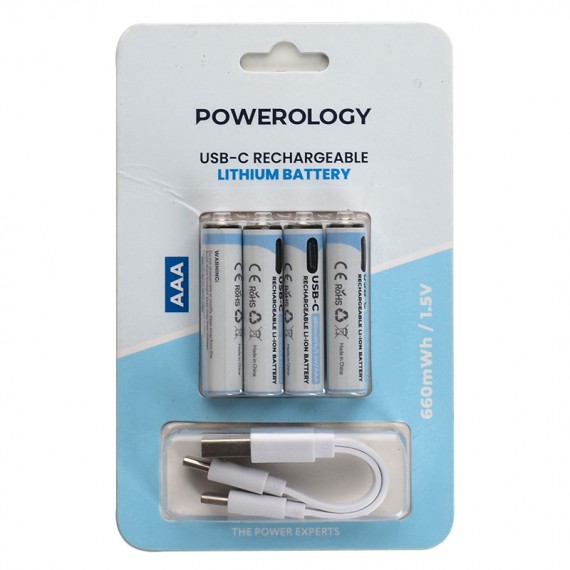 باتری نیم قلمی شارژی پاورولوژی (POWEROLOGY) مدل Rechargeable USB-C AAA 440mAh (کارتی 4 تایی)