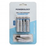 باتری نیم قلمی شارژی پاورولوژی (POWEROLOGY) مدل Rechargeable USB-C AAA 440mAh (کارتی 4 تایی)