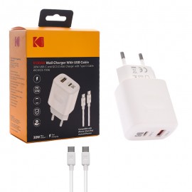 شارژر دیواری 30 وات دو پورت + کابل (Type-C To Type-C) کداک (KODAK) مدل WCWCS-7006