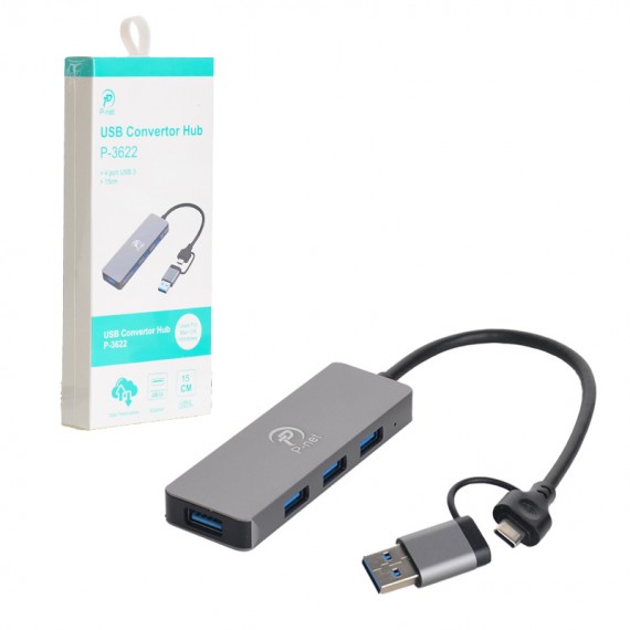 هاب 4 پورت USB 3.0 و رابط تایپ سی پی نت (P-net) طول 15 سانتی متر مدل P-3622