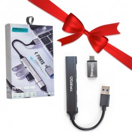 بسته 1+3 هاب 4 پورت USB 3.0 و تبدیل تایپ سی ترکا (TREQA) مدل USB-3 (یک عدد هدیه)