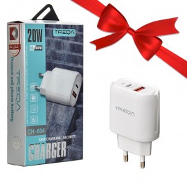 بسته 1+3 کلگی شارژر 20 وات 2 پورت ترکا (TREQA) مدل CH-634 (یک عدد هدیه)