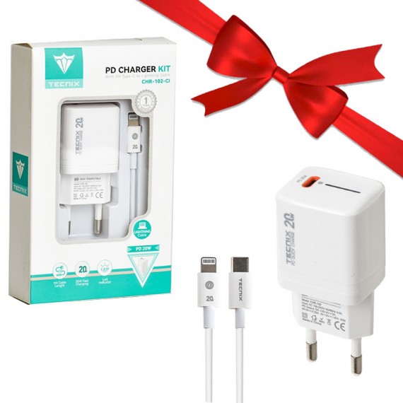 بسته 1+5 شارژر دیواری 20 وات + کابل (Type-C To Lightning) تکنیکس (TECNIX) مدل CHR-102-Cl (یک عدد هدیه)