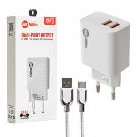 شارژر دیواری 12 وات 2 پورت + کابل تایپ سی میلر (Miller) مدل M-37