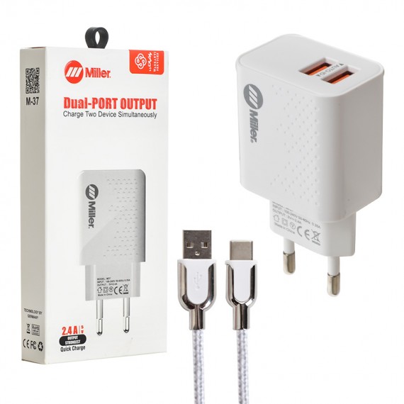 شارژر دیواری 12 وات 2 پورت + کابل تایپ سی میلر (Miller) مدل M-37