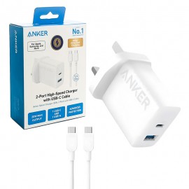 شارژر دیواری 20 وات 2 پورت سه شاخه اروپایی + کابل (Type-C To Type-C) انکر (ANKER) مدل B2348K21