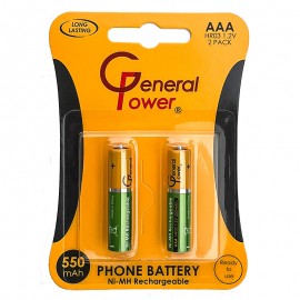 باتری نیم قلمی شارژی جنرال پاور (General Power) مدل Ni-MH Rechargeable HR03 AAA 550mAh (کارتی 2 تایی)