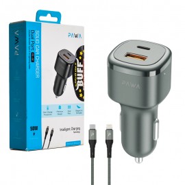 شارژر فندکی 50 وات دو پورت + کابل تایپ سی به آیفون (Type-C To Lightning) پاوا (PAWA) مدل PW-CC50QCL-GY