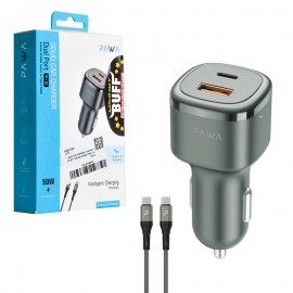 شارژر فندکی 50 وات دو پورت + کابل تایپ سی به تایپ سی (Type-C To Type-C) پاوا (PAWA) مدل PW-CC50QCT-GY