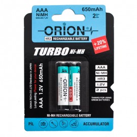 باتری نیم قلمی شارژی اوریون (ORION) مدل  TURBO HR3 AAA Ni-MH 1.2V 650mAh (کارتی 2 تایی)
