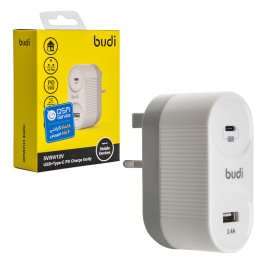کلگی شارژر 18 وات دو پورت سه شاخه اروپایی بودی (budi) مدل M8J325TU-WHT Rev.A00
