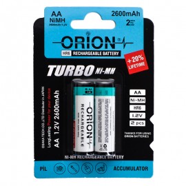باتری قلمی شارژی اوریون (ORION) مدل HR6 Ni-MH 1.2V 2600mAh TURBO (کارتی 2 تایی)