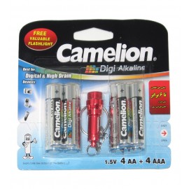 پک 4 باتری قلمی + 4 باتری نیم قلمی (همراه با چراغ قوه) Digi Alkaline Camelion