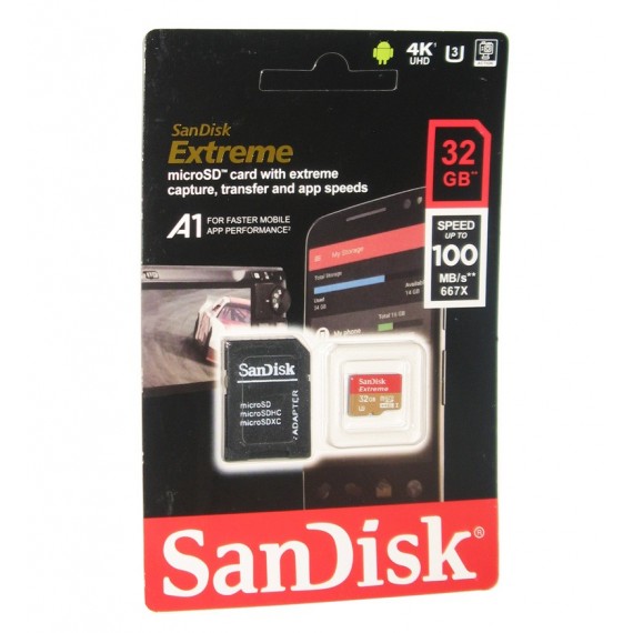 رم موبایل SanDisk مدل 32GB U3 100MB/S 677X EXTREME خشاب دار