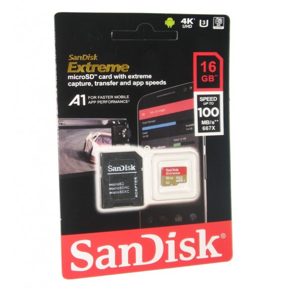 رم موبایل SanDisk مدل 16GB U3 100MB/S 677X EXTREME خشاب دار