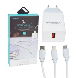 شارژر تک پورت Treqa + کابل 3 سر اندروید آیفون Type-C مدل CS-214