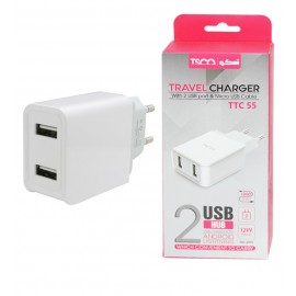 شارژر دیواری 12 وات 2 پورت + کابل اندروید تسکو (TSCO)  مدل TTC 55