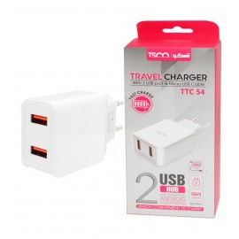 شارژر دیواری 18 وات 2 پورت + کابل اندروید تسکو (TSCO) مدل TTC 54