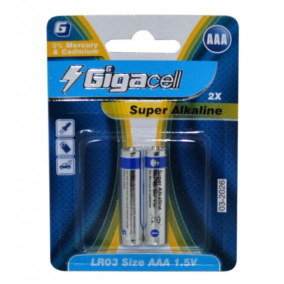 باتری نیم قلمی GigaCell مدل Super Alkaline LR03 AAA (کارتی 2 تایی)