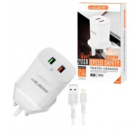 شارژر دو پورت + کابل آیفون (lightning) ام پی بلبری (mpBLBERRI) مدل BLB-207