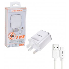 شارژر 3 پورت + کابل Type-C ام پی بلبری (mpBLBERRI) مدل BLB-195