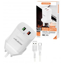 شارژر 2 پورت + کابل Type-C ام پی بلبری (mpBLBERRI) مدل BLB-207