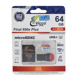 رم موبایل ویکومن (Vicco man) مدل 64GB Micro SD 600XPlus UHS-3 A1 V30 90MB/S رم ریدر + خشاب دار