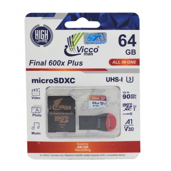 رم موبایل ویکومن (Vicco man) مدل 64GB Micro SD 600XPlus UHS-3 A1 V30 90MB/S رم ریدر + خشاب دار