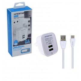 شارژر دیواری 2 پورت + کابل تایپ سی 1 متر kingstar مدل kw152C