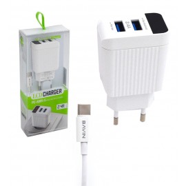 شارژر دیواری 2 پورت + کابل تایپ سی باوین (bavin) مدل PC-500Y-S
