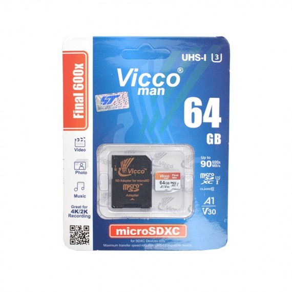 رم موبایل ویکومن (Vicco man) مدل 64GB Micro SDXC 600XPlus UHS-I U3 A1-V30 90MB/S خشاب دار