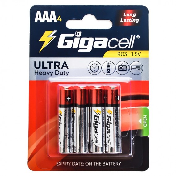 باتری نیم قلمی GigaCell مدل Ultra Heavy Duty R03 AAA (کارتی 4 تایی)