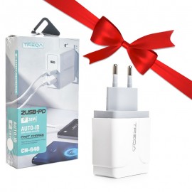 بسته 1+10 شارژر دیواری 38 وات 3 پورت ترکا (TREQA) مدل CH-640 (یک عدد هدیه)