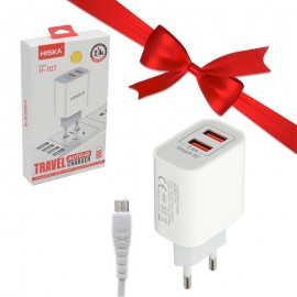 بسته 10 عددی فست شارژر 2 پورت + کابل اندروید هیسکا (HISKA) مدل H-107 + یک عدد رایگان