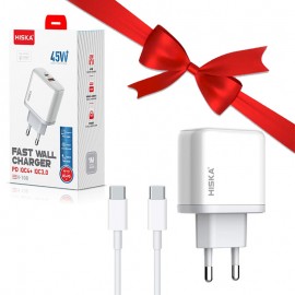 بسته 10 عددی فست شارژر دیواری 2 پورت + کابل PD هیسکا (HISKA) مدل H-108 + یک عدد رایگان