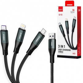 کابل 3 سر اندروید تایپ سی آیفون هیسکا (HISKA) طول 1.4 متر مدل LX-13