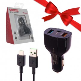 بسته 1+10 شارژر فندکی 18 وات سه پورت + کابل تایپ سی تسکو (TSCO) مدل TCG 36 (یک عدد هدیه)