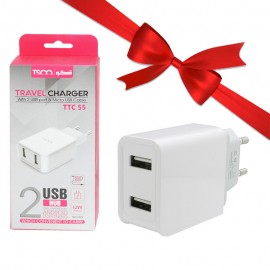 بسته 1+6 شارژر دیواری 12 وات 2 پورت + کابل اندروید تسکو (TSCO) مدل TTC 55 (یک عدد هدیه)