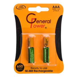 باتری نیم قلمی شارژی جنرال پاور (General Power) مدل Ni-MH Rechargeable HR03 AAA 650mAh (کارتی 2 تایی)